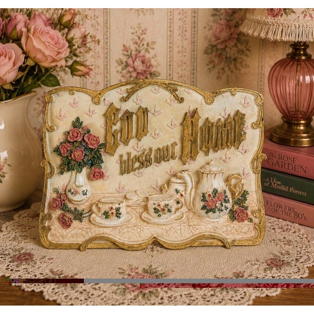 God Bless Our Home Wall Plaque Floral Tea Set Decor Freestanding Hanging Sign
